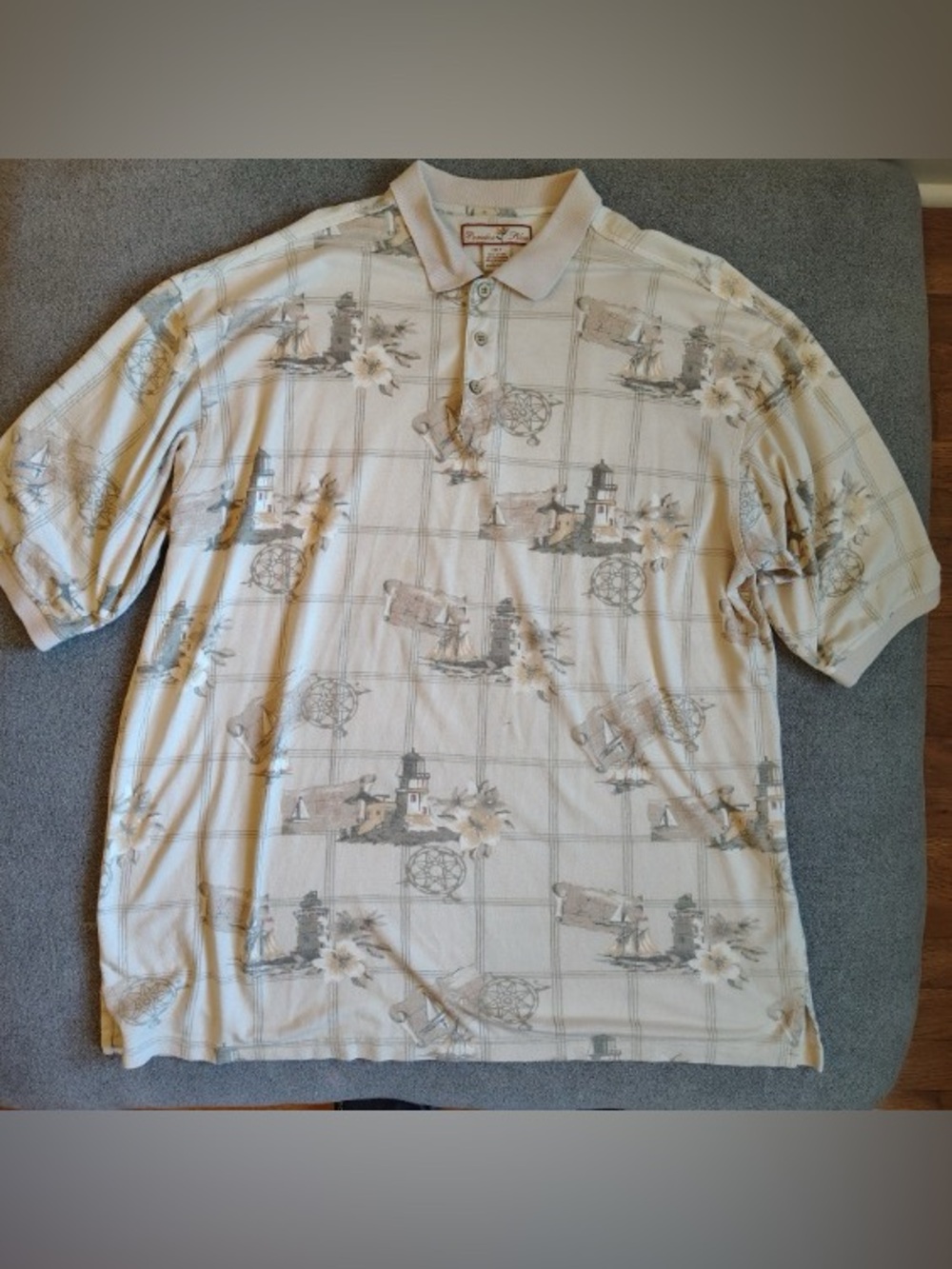 Vtg Paradise Blue AOP Lighthouse Polo Shirt Men 2XLT Floral Sailboat Nautical